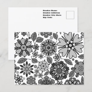 Cartão Postal Padrão Floral Retro Preto Cinza Branco Sem Costura