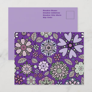 Cartão Postal Padrão Floral Sem Costura Rosa Roxo Pastel Retro