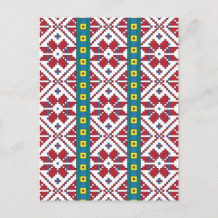 Cartão Postal Padrão geométrico tribal vermelho, azul e estrela 