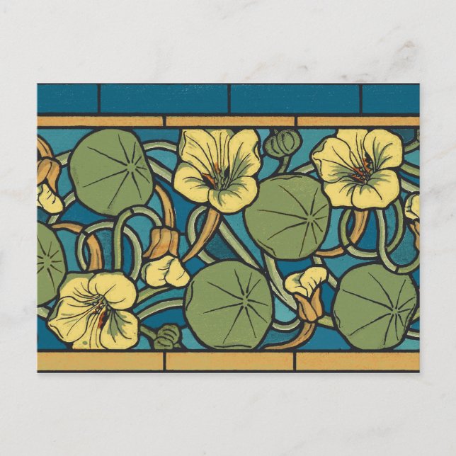 Cartão Postal Padrão Nouveau da Flor Nasturtium Amarelo Azul (Frente)