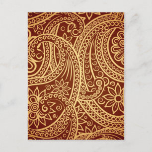 Cartão Postal Padrão paisley Dourado e vermelho