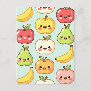Cartão Postal Padrão Sem Costura de Frutas Kawaii Desenho Animad