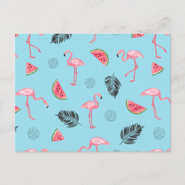 Cartão Postal Padrão Trendy Tropical Flamingo & Watermelon (Frente)