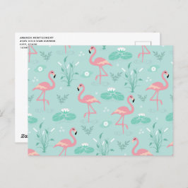 Cartão Postal Padrão Verde Flamingos Rosa Pastel