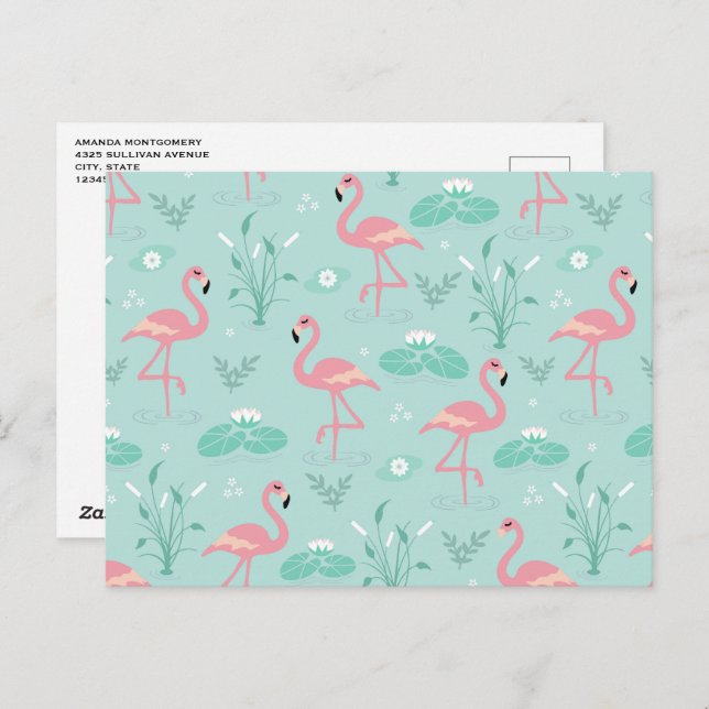 Cartão Postal Padrão Verde Flamingos Rosa Pastel (Frente/Verso)