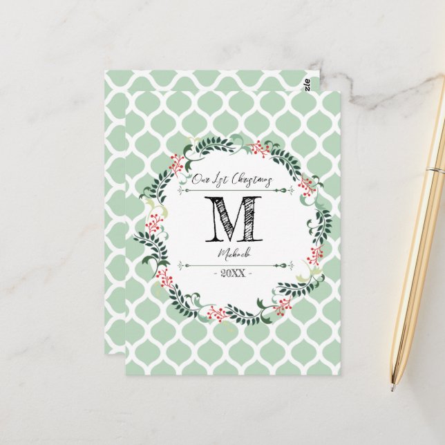 Cartão Postal Padrão Verde Natal Feliz Grinalda Monograma Bebê (Frente/Verso In Situ)