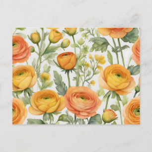 Cartão Postal Padrão vibrante de ranúnculo em aquarela em amarel