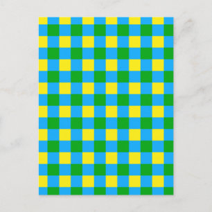 Cartão Postal Padrão Xadrez Azul Verde Amarelo Design