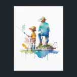 Cartão Postal Padre e Son Watercolor Ilustração Ai Art<br><div class="desc">Ilustração de aquarela de um pai e filho pescando juntos na arte do lago ai.</div>