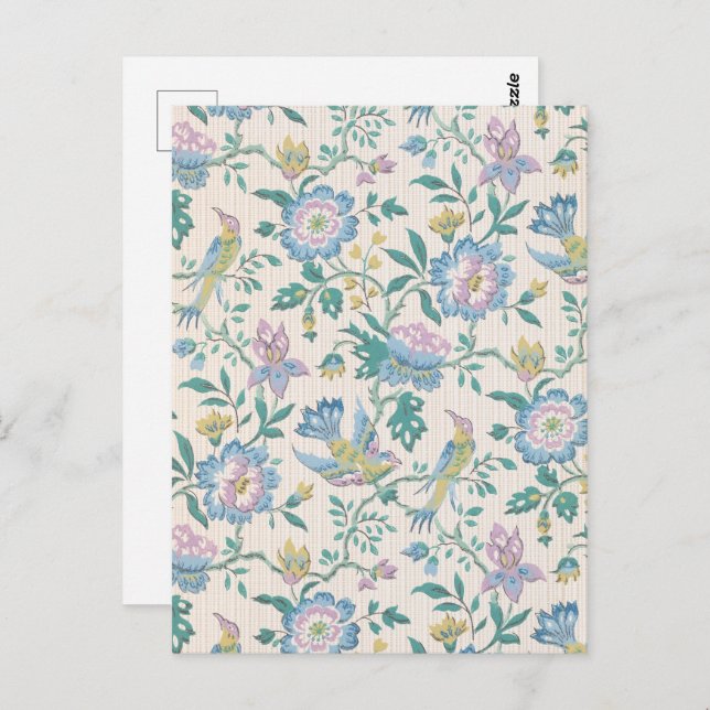 Cartão Postal Padrões para flores e aves roxas (Frente/Verso)