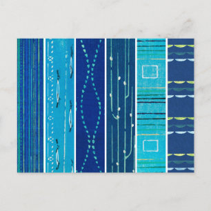 Cartão Postal Padrões Têxteis de Bloco de Madeira Azul Japonês