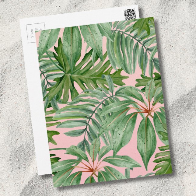 Cartão Postal Padrões Tropicais Rosa e Folha de Palma (Pink Palm Leaf Floral Pattern Tropical Postcard)