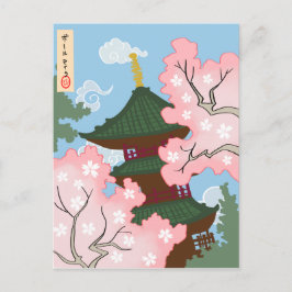 Cartão Postal Pagoda entre as flores de cerejeira