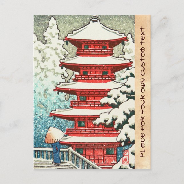 Cartão Postal Pagoda na arte Snow Kawase Hasui shin hanga (Frente)