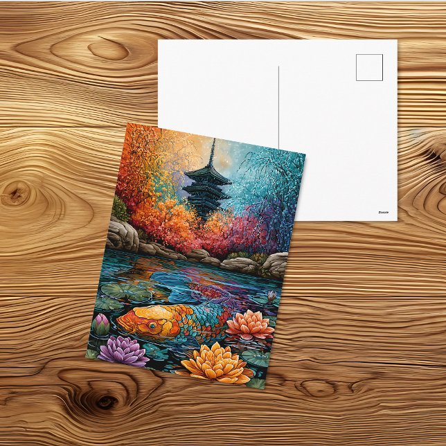 Cartão Postal Pagode de Lagoa de Koi Colorida (Criador carregado)