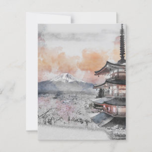 Cartão Postal Pagode Japonesa em Aquarela & Mt. Fuji