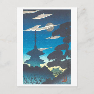 Cartão Postal Pagode Vintage Iluminado pelo Luar no Japão