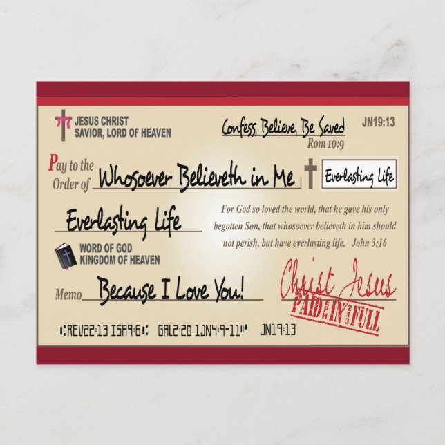 Cartão Postal Pagos em Cheio Salvo por Jesus Check Christian (Frente)
