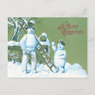 Cartão Postal Pai e Filho Boneco de Neve Escada Bola de Neve