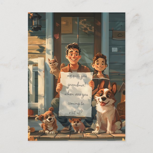 Cartão Postal Pai, Filho, Cachorros e Gato (Frente)