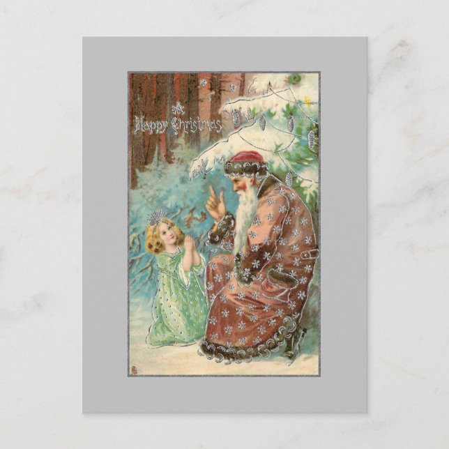 Cartão Postal Pai Natal na Floresta de inverno com Angel (Frente)