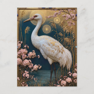 Cartão Postal Painel da Garça Branca Art Nouveau com Flor de Cer