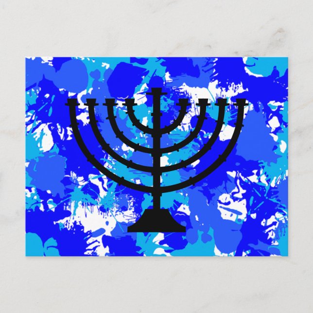 Cartão Postal Paint Splatter Blue Menorah (Frente)