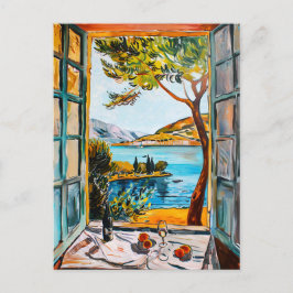 Cartão Postal Painting breakfast on window view Mediterran sea