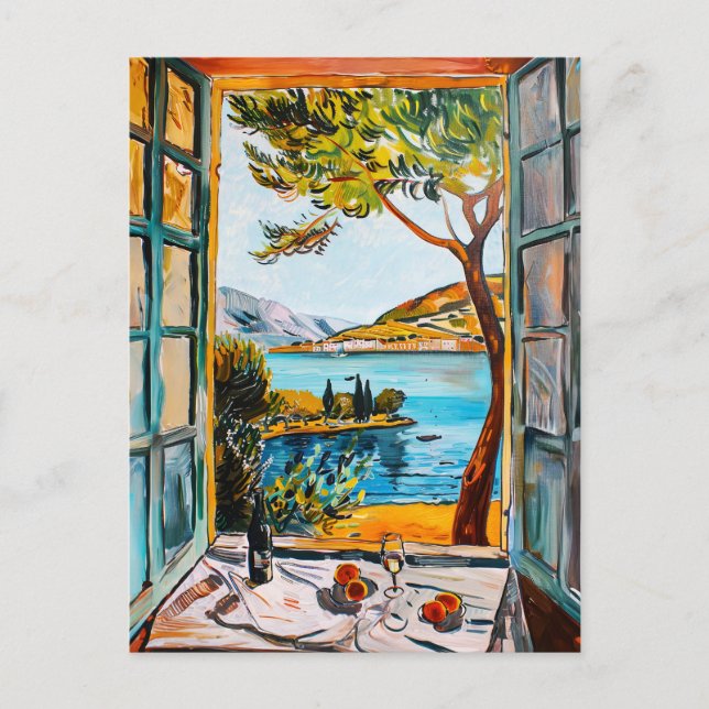 Cartão Postal Painting breakfast on window view Mediterran sea (Frente)