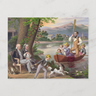 Cartão Postal Painting Family Landscape Lake Pessoas Nature Dog