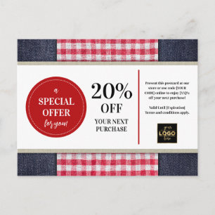 Cartão Postal País Ocidental Denim Gingham Coupon Discount