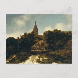 Cartão Postal Paisagem arborizada com figuras perto de uma Igrej