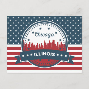 Cartão Postal Paisagem Azul e Branco Vermelho Chicago, Illinoi