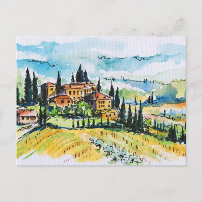 Cartão Postal Paisagem com árvores de cidades e ciprestes (Frente)