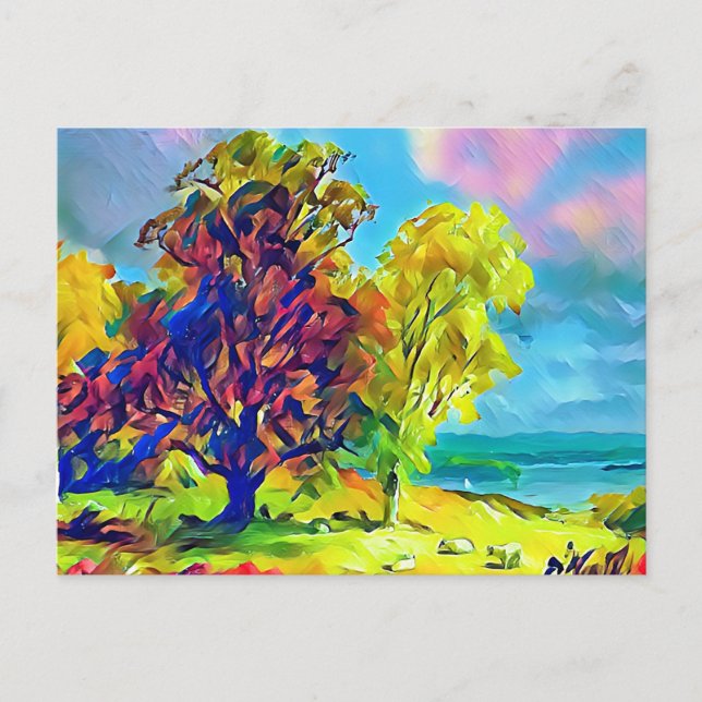 Cartão Postal Paisagem com árvores e ovelhas (Frente)