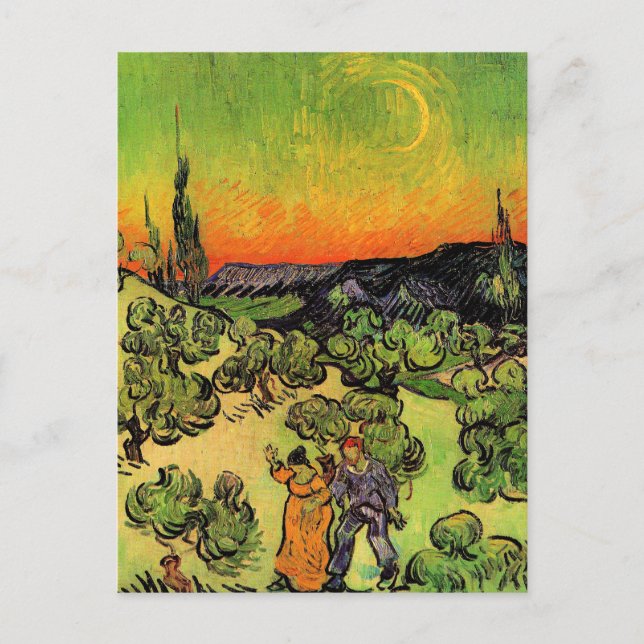 Cartão Postal Paisagem com Casal Caminhando, Lua Crescente, (Frente)