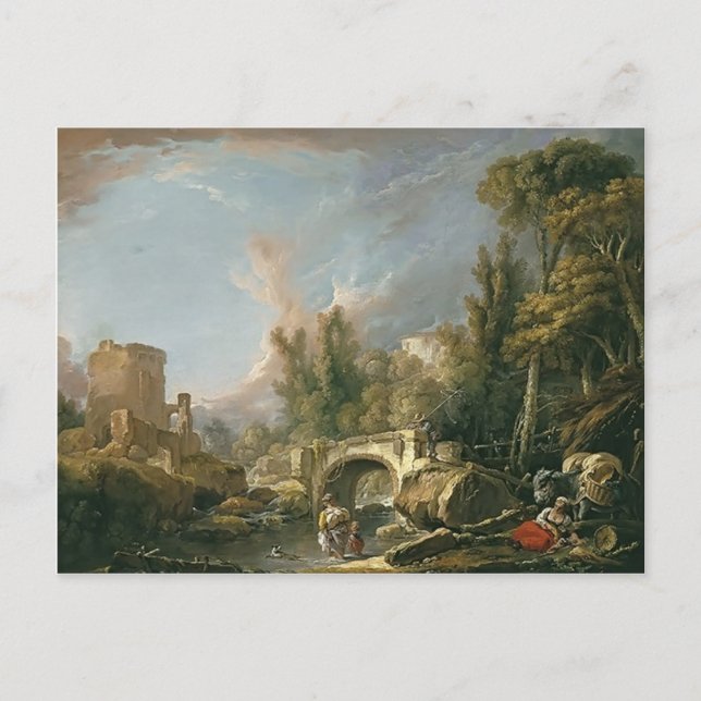 Cartão Postal Paisagem com Ruin & Bridge por Francois Boucher (Frente)