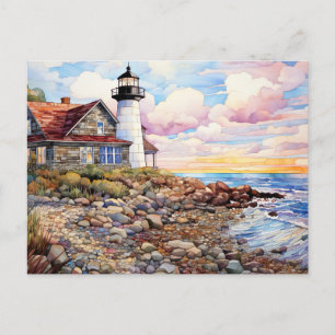 Cartão Postal paisagem costeira com casota e um farol