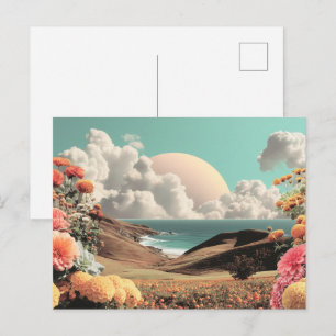 Cartão Postal Paisagem Costeira Surrealista Com Flores E Nuvens