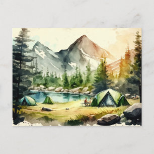 Cartão Postal Paisagem da Natureza Acampando em Aquarela
