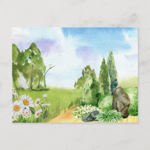 Cartão Postal Paisagem da Natureza em Aquarela e Flores de Marga