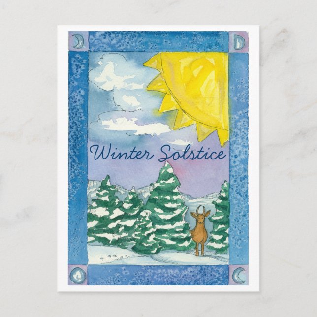 Cartão Postal Paisagem de Aquarela de Veado de Solstício de Inve (Frente)