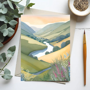 Cartão Postal Paisagem de Colinas Ondulantes Aquarela Bonita