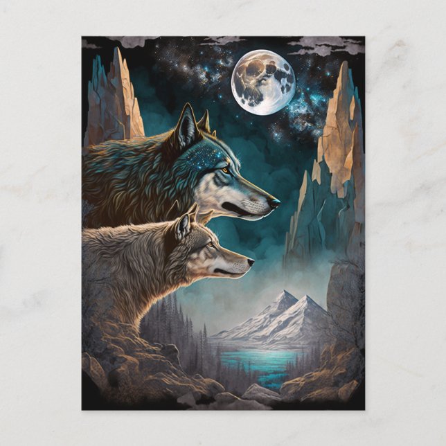 Cartão Postal Paisagem de Fantasia de Lobos Cheios de Lua (Frente)