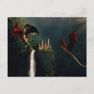 Cartão Postal Paisagem de Fantasia do Castelo de Dragões Vermel