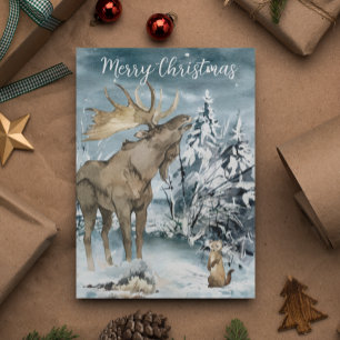 Cartão Postal Paisagem de inverno Alces de Natal aquarela