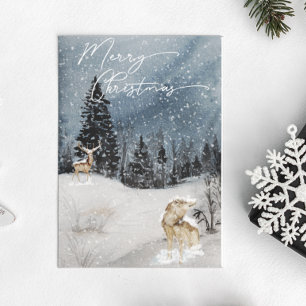 Cartão Postal Paisagem de inverno Lobo de férias aquarela