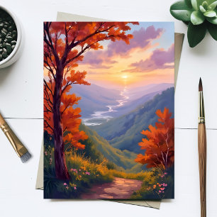 Cartão Postal Paisagem de Outono Aquarela Pintura de Folhagem de