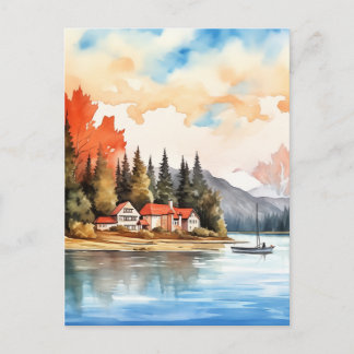 Cartão Postal Paisagem de Outono Canadense em Aquarela