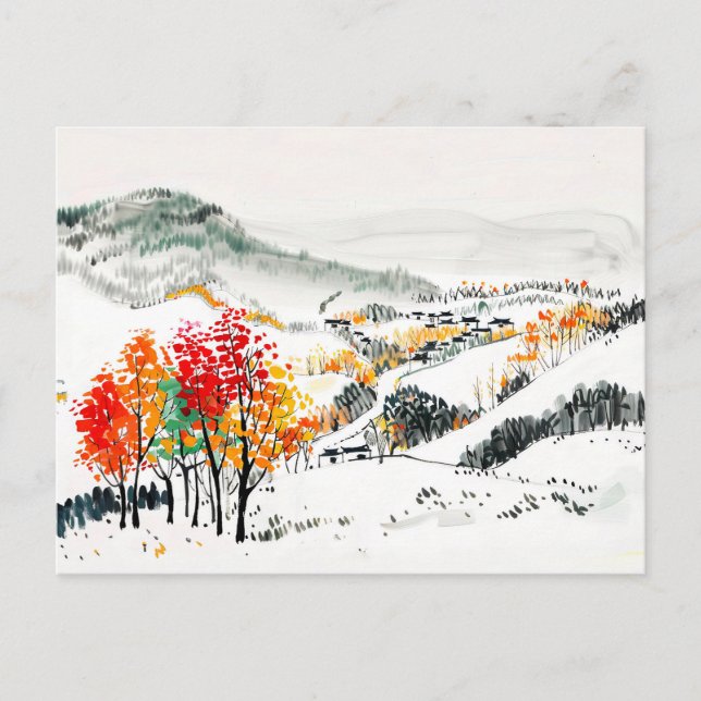 Cartão Postal Paisagem de outono com Vila de Montanha (Frente)